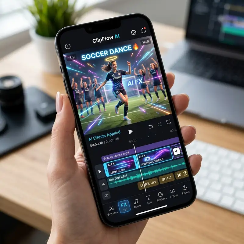 Interface do CapCut mostrando a edição da dancinha de IA com tema de Copa do Mundo