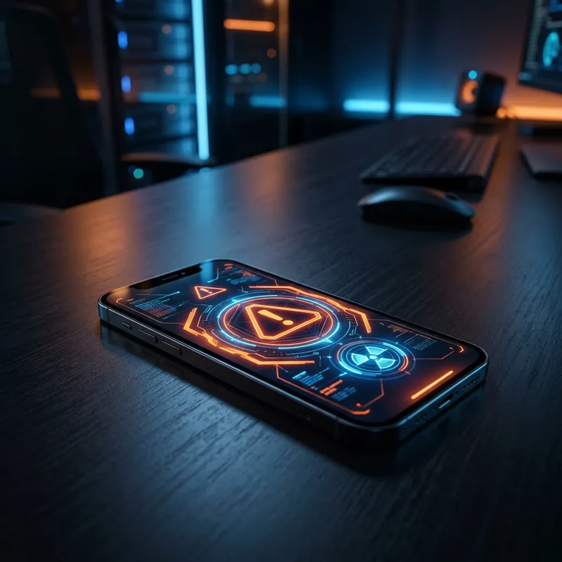 Close-up de um smartphone moderno exibindo um alerta de emergência simulado em uma mesa escura.