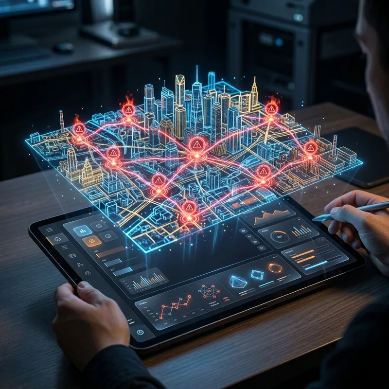 Interface digital de mapa holográfico em 3D simulando o erro de replicação de rotas e alertas indevidos.