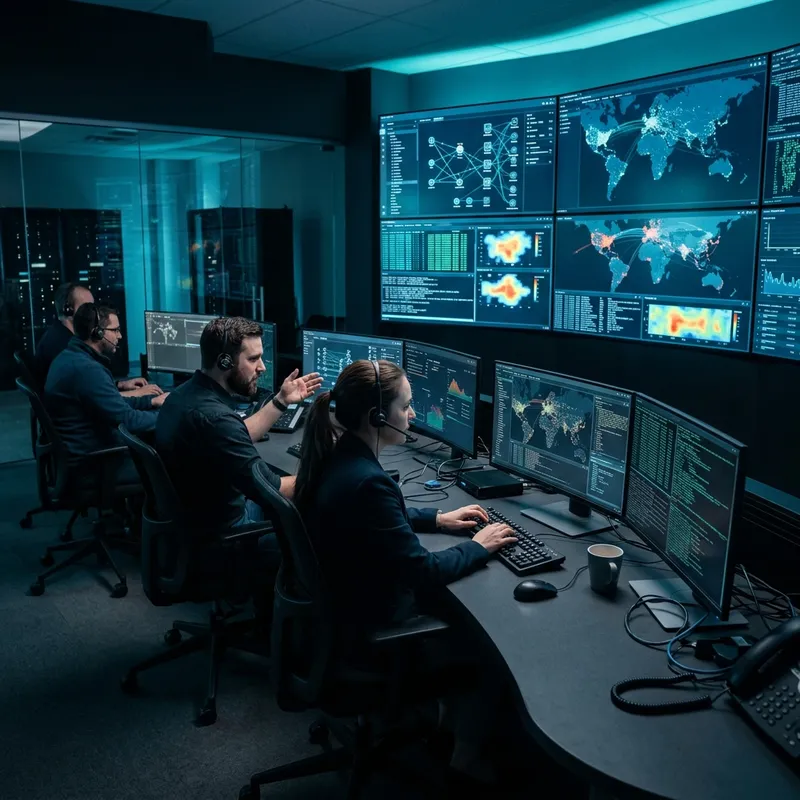 Equipe de analistas de segurança cibernética trabalhando em uma sala de controle escurecida.