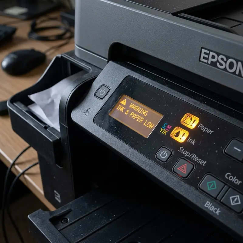 Epson L3250 control panel with Wi-Fi and information buttons highlighted