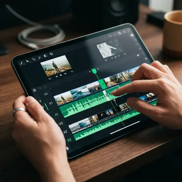 Video editor checking audio waveform and lip-sync synchronization on desktop