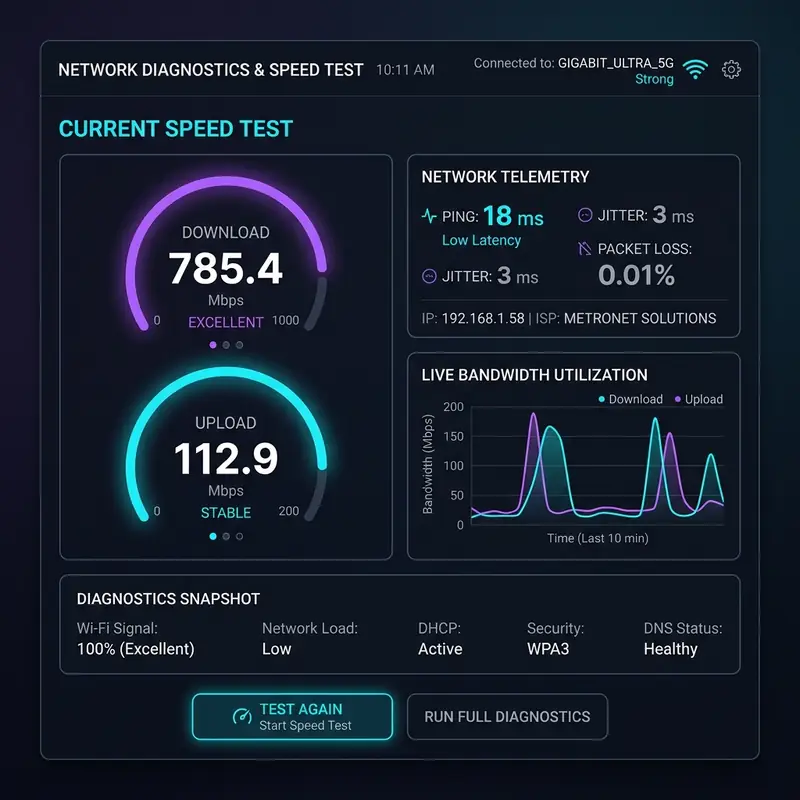 Medição de taxa de transmissão e velocidade de internet Wi-Fi