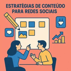 Duas pessoas colaborando em um quadro branco de conteúdo para redes sociais com notas adesivas, lápis e gráfico
