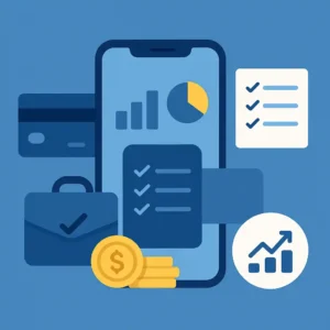 Organização financeira pessoal com aplicativos de gráficos, checklists e moedas