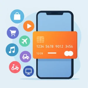  Ícones de e-commerce ao redor de um cartão de crédito virtual