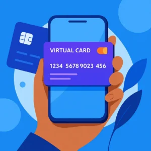 Ilustração de celular exibindo tela de cartão de crédito virtual