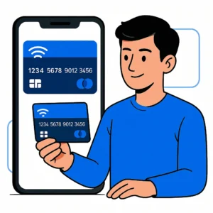 Jovem segurando smartphone com cartão virtual na tela