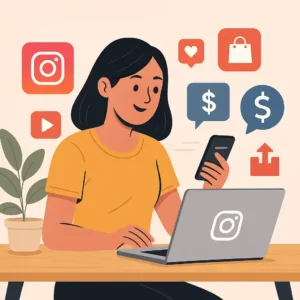 Mulher empreendedora usando o celular para ganhar dinheiro no Instagram