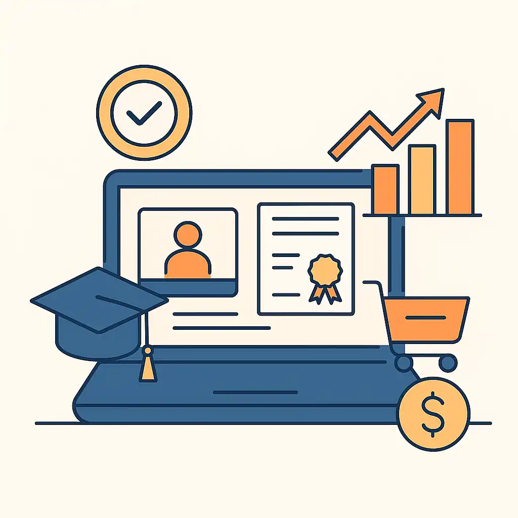 Planejamento de módulos de curso online em caderno e laptop