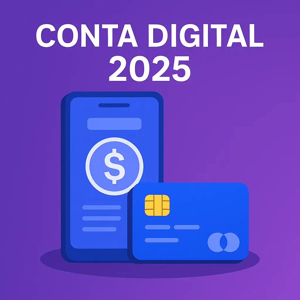 Ilustração de conta digital 2025 com smartphone e cartão em fundo roxo