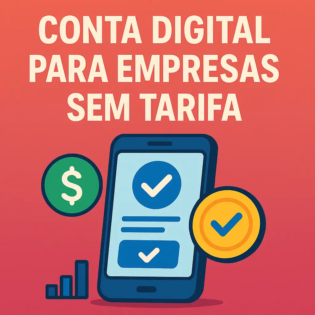 Conta digital para empresas sem tarifas com ícones de aprovação e gráfico
