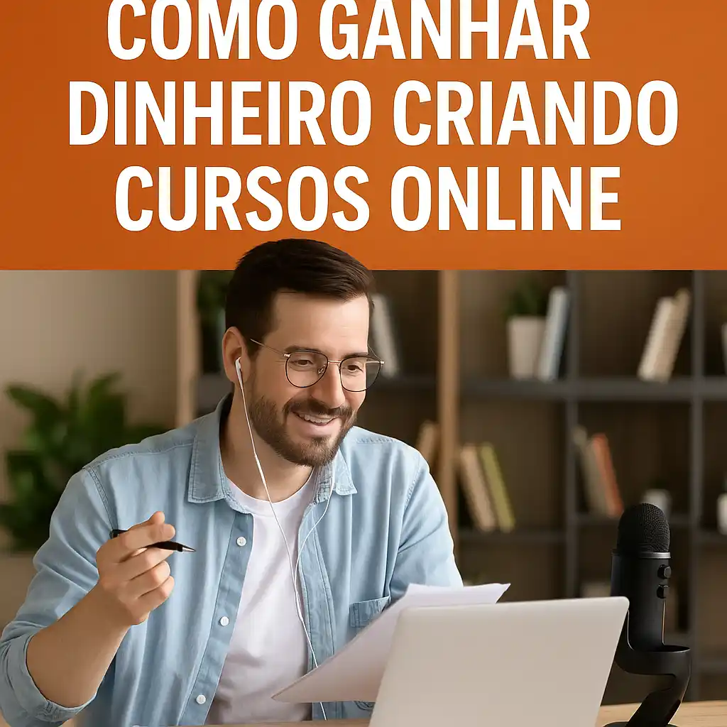 Homem sorridente criando curso online no notebook com microfone