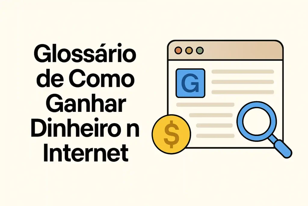 Glossário de como ganhar dinheiro na internet com símbolos de busca e moeda digital