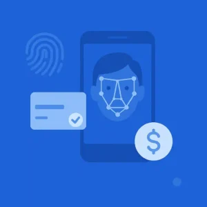 Smartphone com rosto digitalizado, cartão de crédito e ícones de segurança