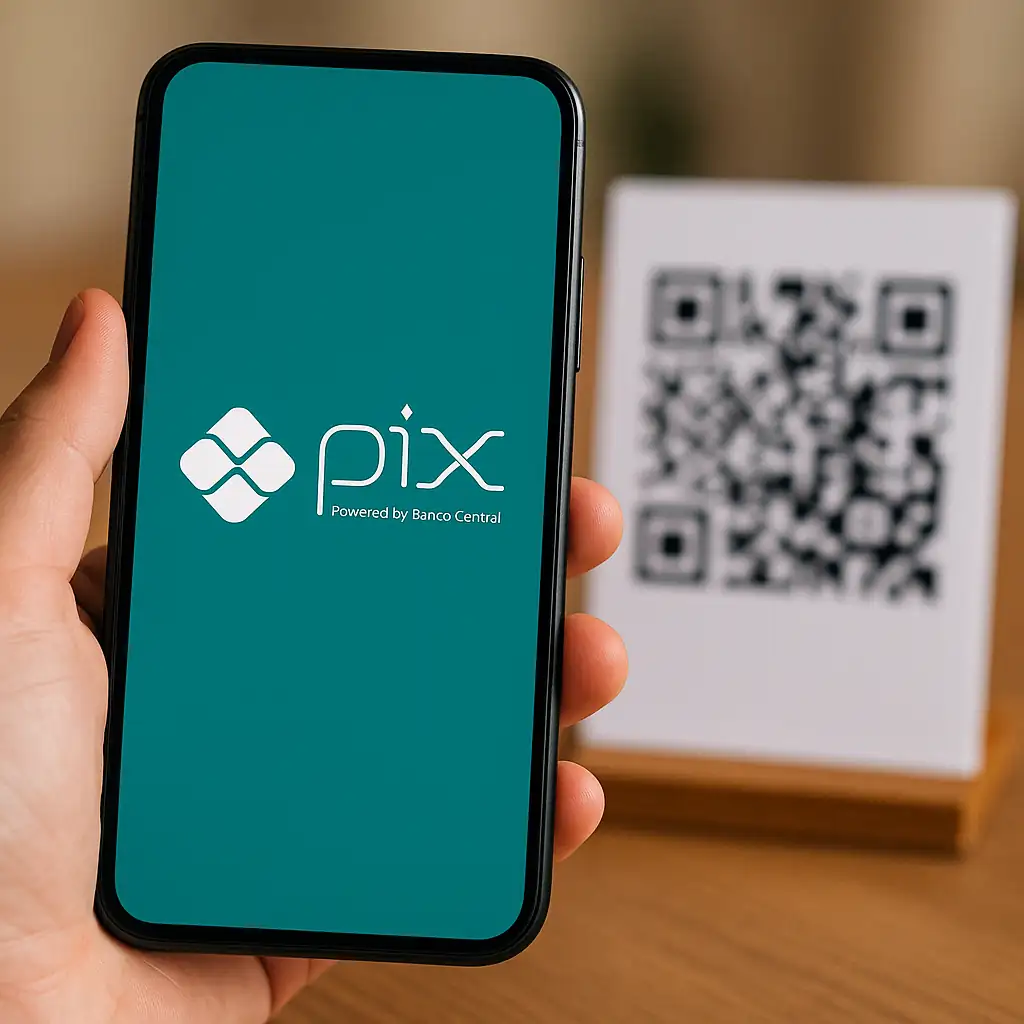 Tela do celular com aplicativo Pix aberto e QR Code ao fundo sobre mesa de madeira