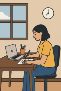 Mulher escrevendo em caderno ao lado de notebook para aumentar produtividade
