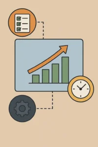 Gráfico de produtividade com checklist, relógio e engrenagem