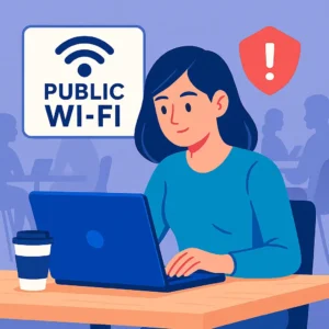 Mulher navegando em rede pública com proteção digital ativa