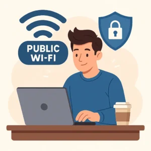 Usuário trabalhando remotamente conectado ao Wi-Fi de cafeteria