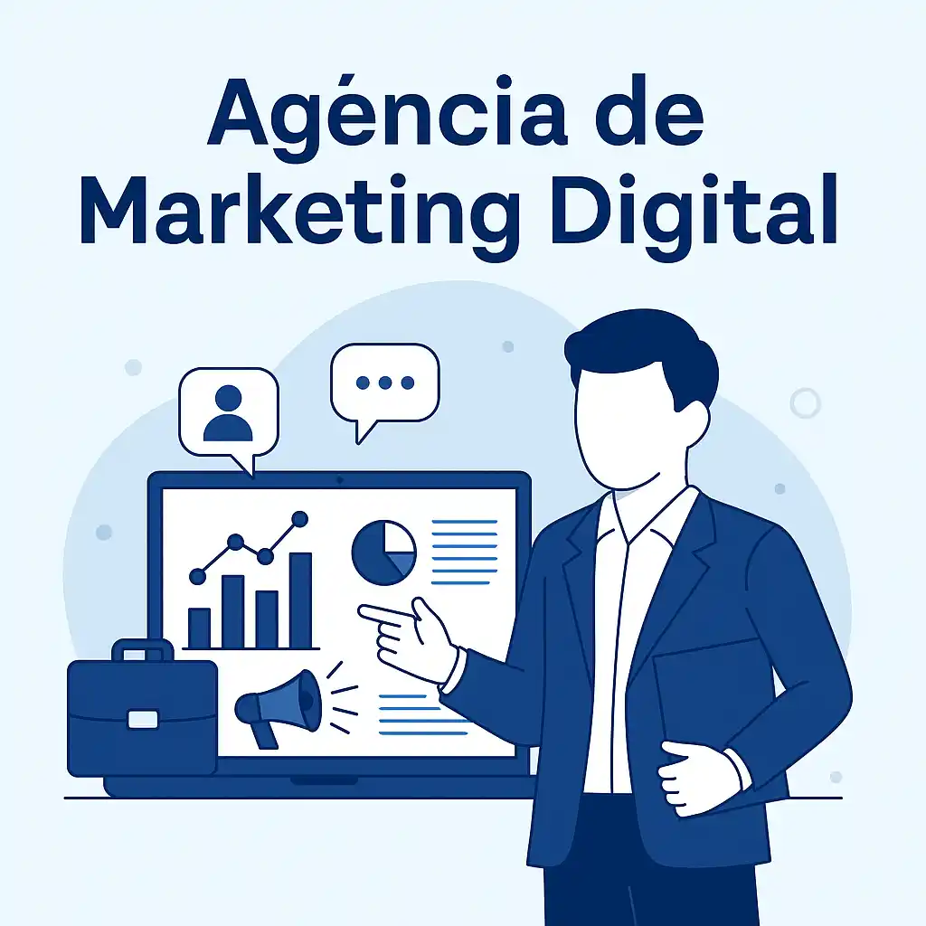Ilustração digital representando uma agência de marketing digital com profissionais analisando métricas, planejando campanhas e otimizando resultados online.