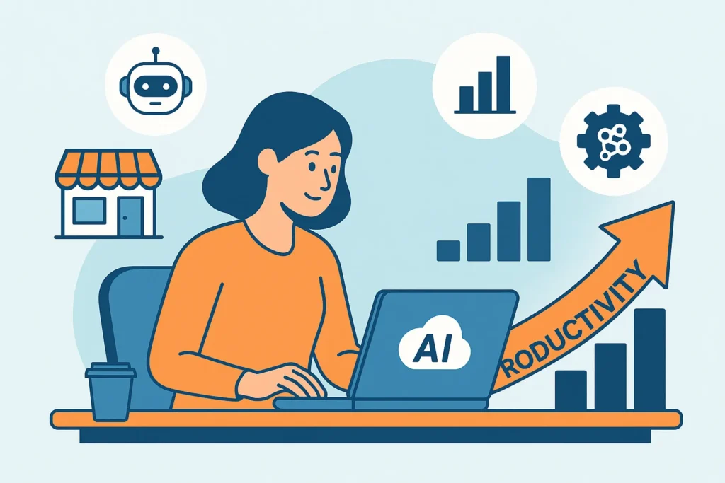 Flat illustration showing AI tools helping small business operations with icons like chatbot, analytics, automation, and cloud workspace.