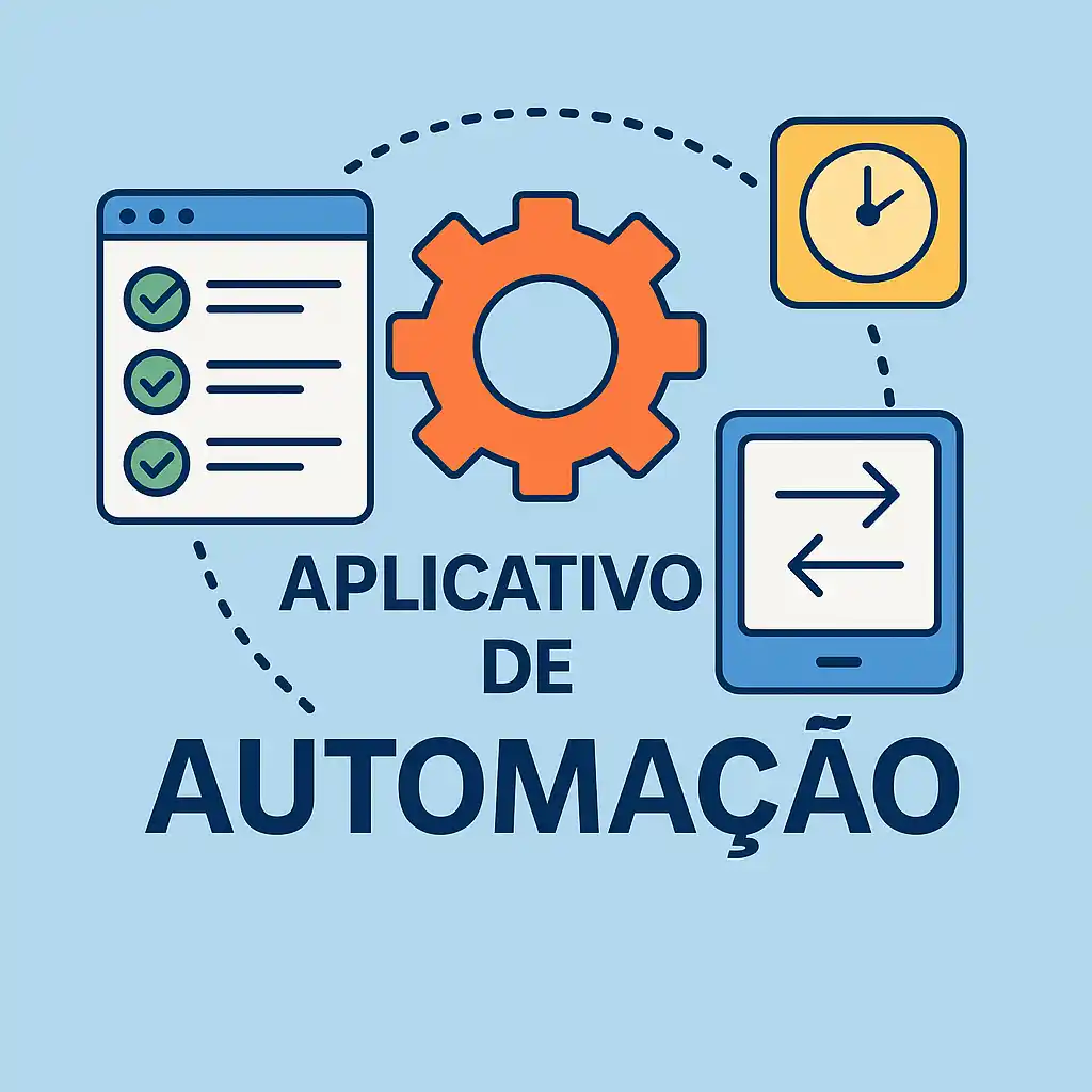 Ilustração representando aplicativos de automação com engrenagens, ícones conectados, tarefas automatizadas e integração de plataformas digitais.