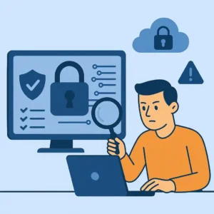 Interface de sistema com escudo de segurança e usuário analisando dados