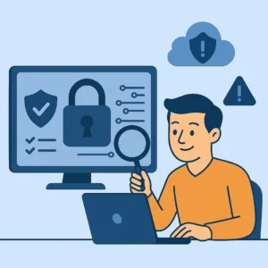Ícones de escudo, cadeado e alerta em ambiente digital