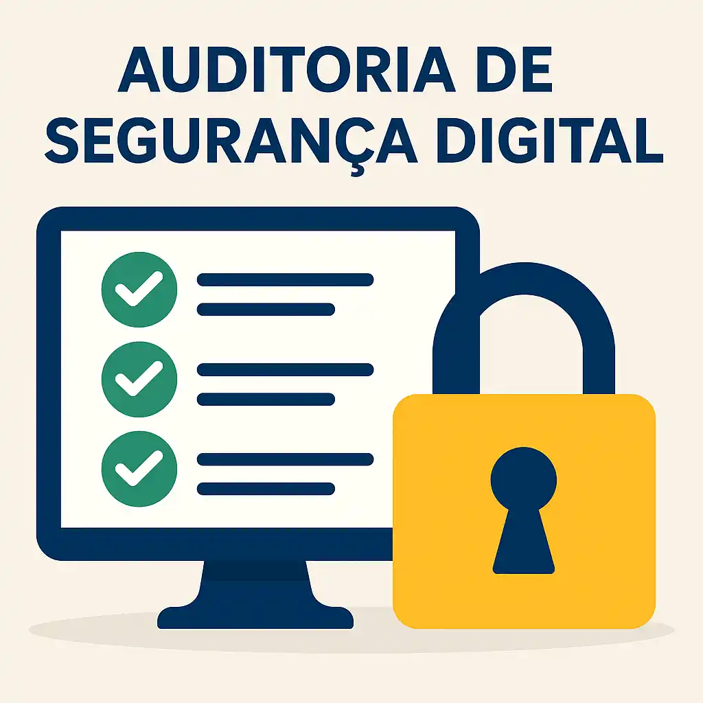 Ilustração representando auditoria de segurança digital com elementos gráficos como computador, documentos, gráficos e escudo digital, simbolizando avaliação técnica e proteção de dados empresariais.
