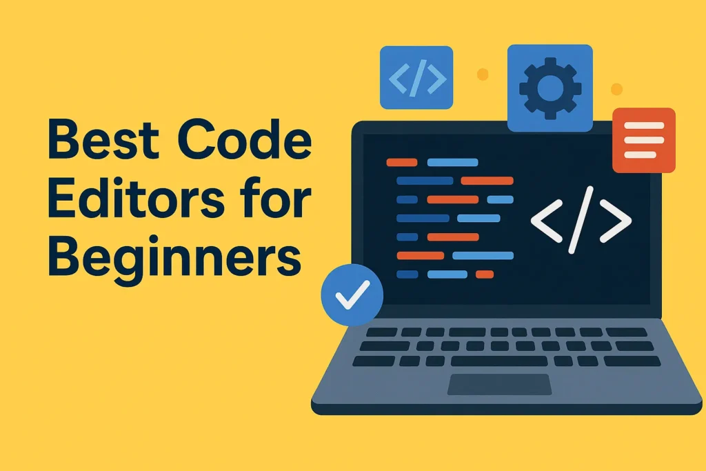 Flat illustration of code editors being used by beginners, with screens showing HTML, Python, and JavaScript.