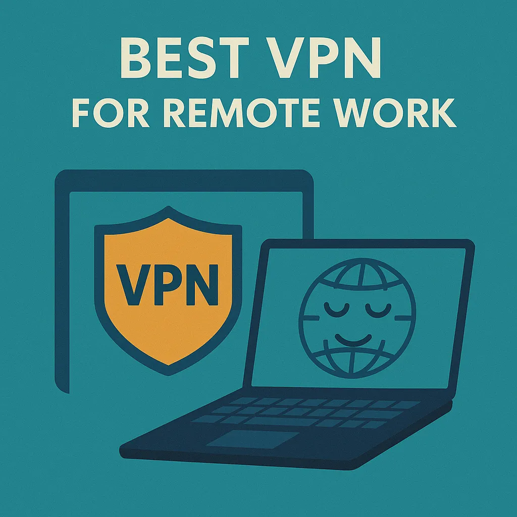 Flat-style illustration showing a remote worker connected to a secure VPN with shield icons, encrypted tunnels, laptops, and cloud symbols, representing the best VPN for remote work in 2025.