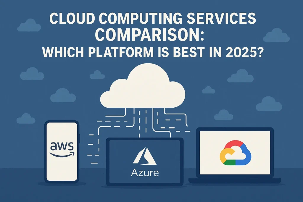 Cloud computing services comparison chart showing AWS, Azure, Google Cloud, IBM and Oracle with icons of servers, cloud, analytics, and AI.