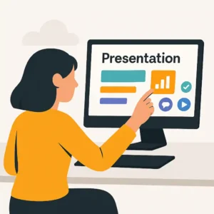 Como usar o Canva para criar apresentações com interface limpa e colorida sendo editada por usuária