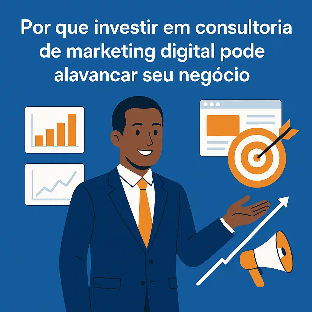 Ilustração digital representando consultoria de marketing digital com profissionais analisando dados, estratégias e resultados em um ambiente corporativo conectado.