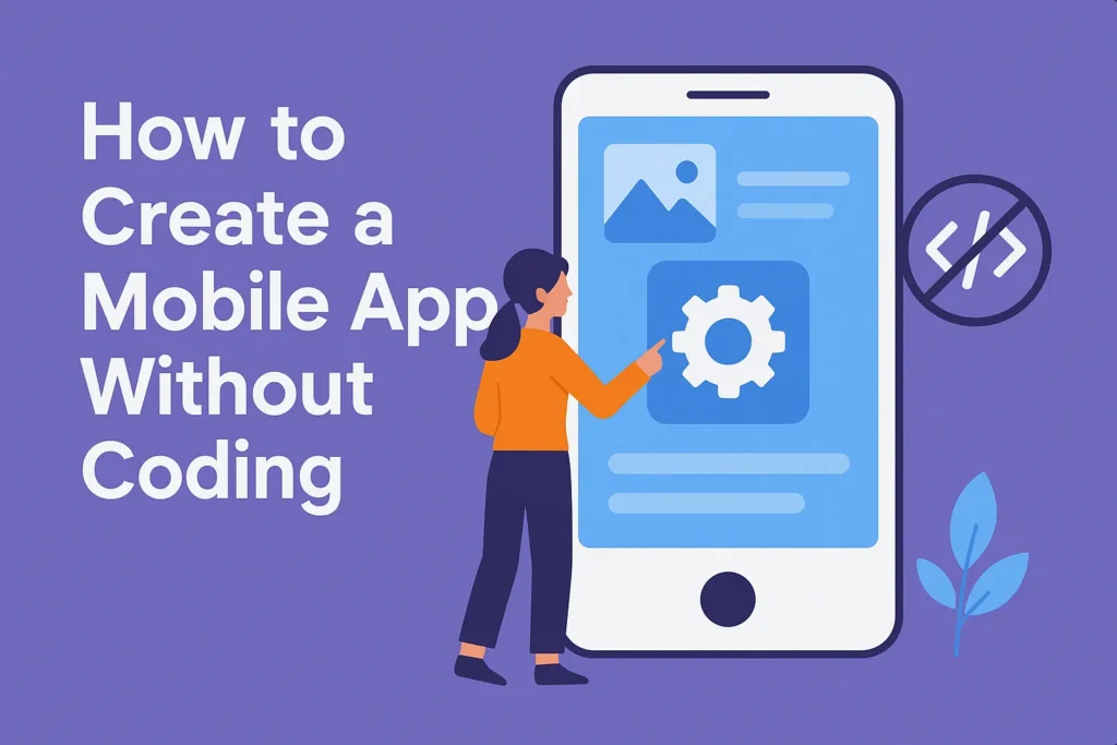 Illustration showing a drag-and-drop interface for building a mobile app without coding, with smartphone, app icons, and visual blocks.