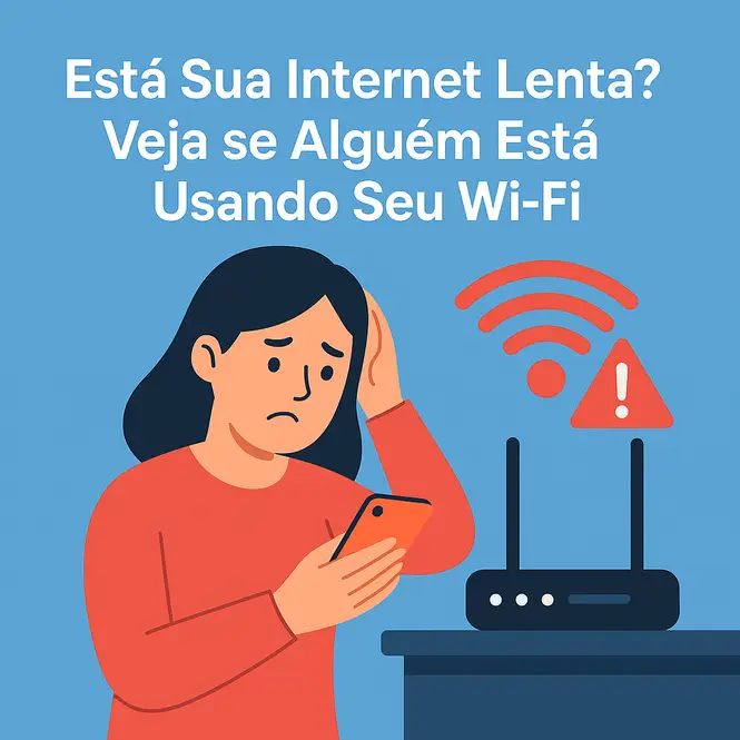 Pessoa preocupada com a internet lenta observando o roteador e o sinal de Wi-Fi