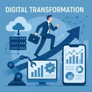 Businessman climbing an arrow representing growth through digital transformation