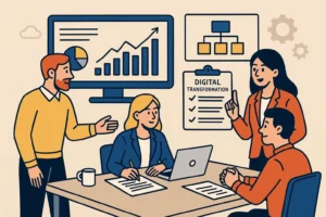 Business presentation with digital roadmap and performance charts