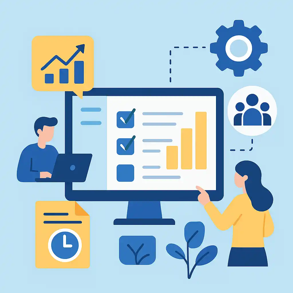 Ilustração de ferramentas de produtividade com gráficos, tarefas digitais, ícones de automação e equipes conectadas, representando organização, foco e alta performance.