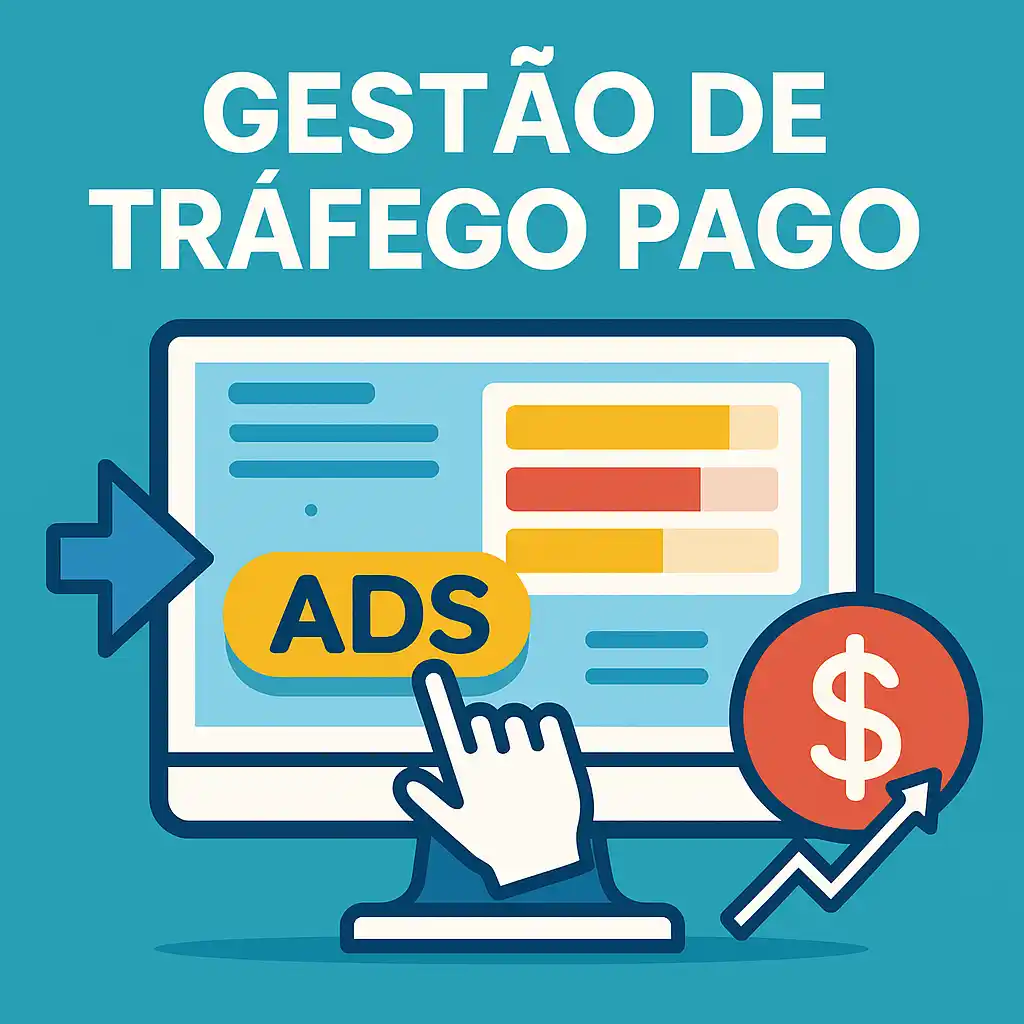 Ilustração digital representando gestão de tráfego pago com gráficos, anúncios online e estratégias digitais para atrair e converter clientes.