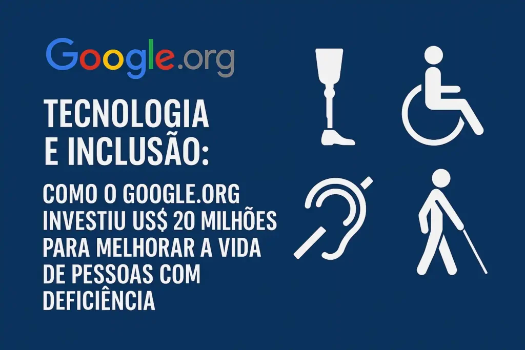 Ilustração representando inclusão digital promovida pelo Google.org com uso de tecnologia assistiva.