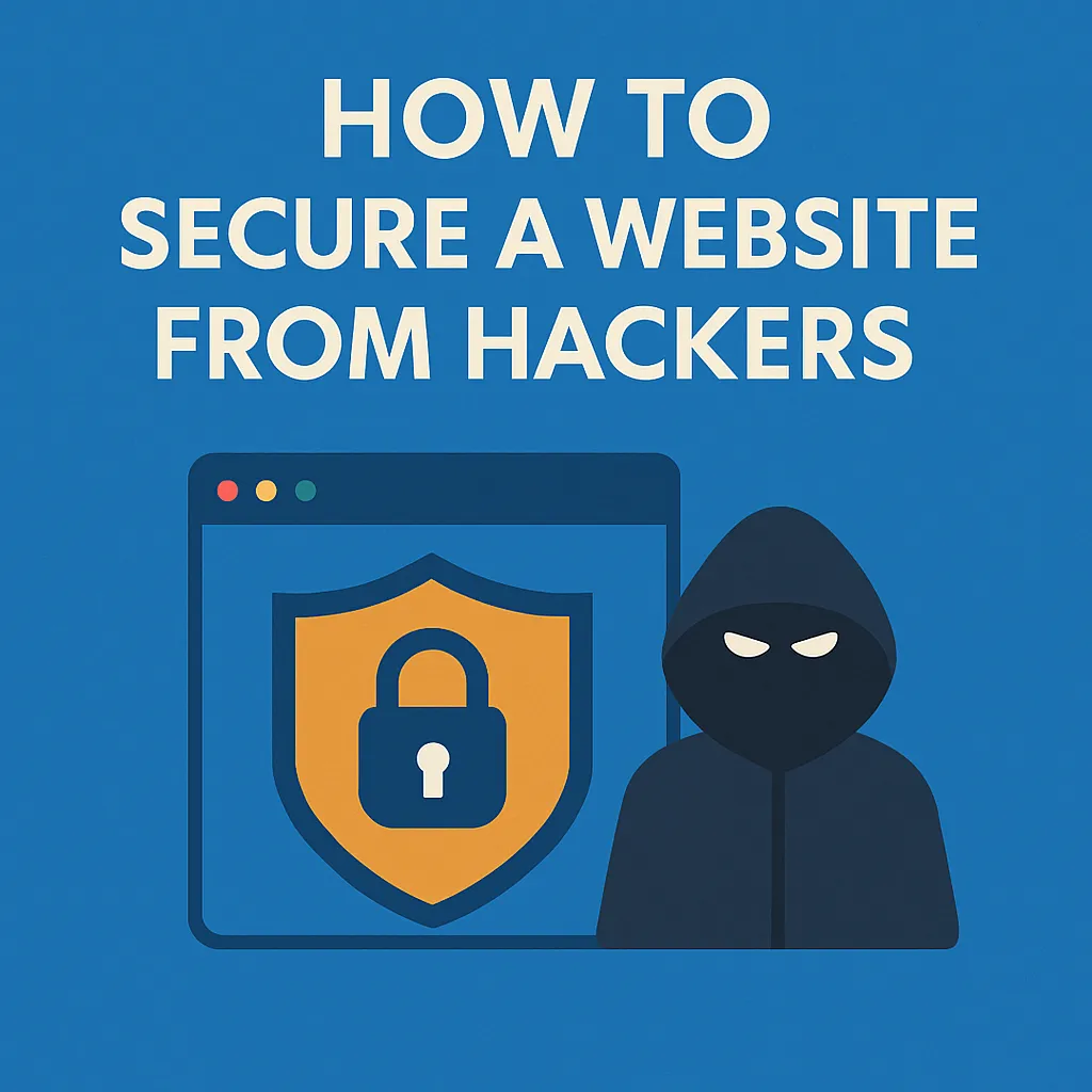 Flat-style illustration showing website security elements such as HTTPS, firewall, shield icons, padlocks, and warning symbols, representing how to secure a website from hackers.