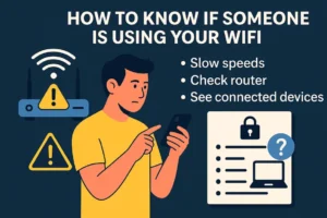 Multiple smart devices connected to a single WiFi router on a blue background