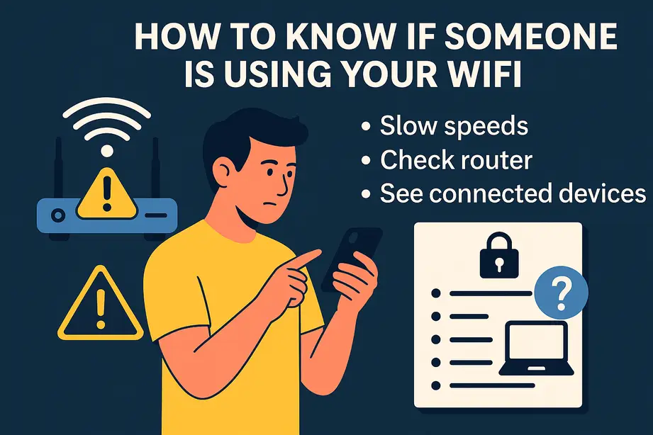 Man checking how to know if someone is using your WiFi with a phone and router warning icons
