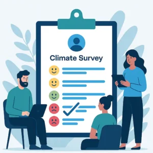 Flat-style visual of remote employees participating in a workplace climate survey