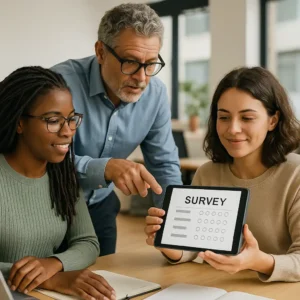 Team members discussing HR climate results in a modern office