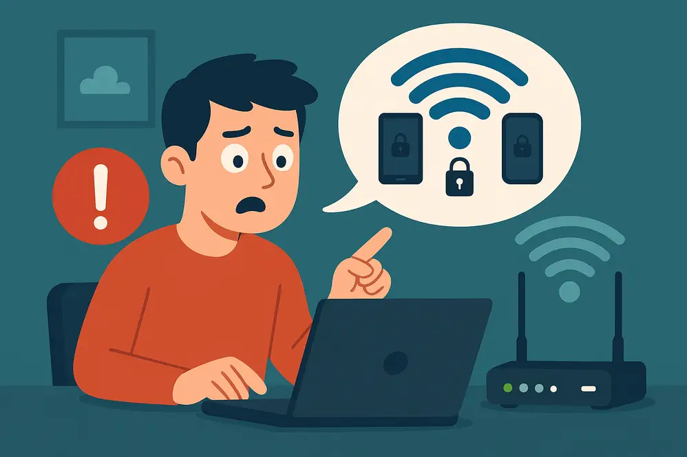 Homem usando laptop com expressão positiva, simbolizando controle da rede Wi-Fi