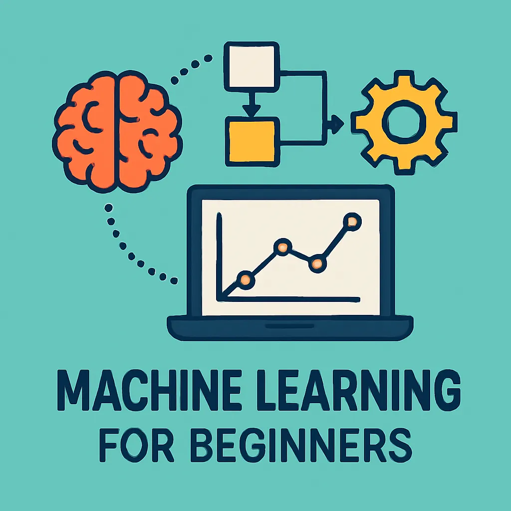 Illustration representing machine learning for beginners with data, neural networks, and AI elements