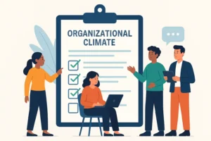 Illustration of employees filling out a company climate survey form